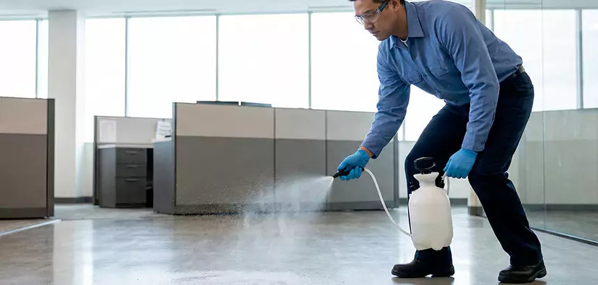 Technician applying disinfectant with a pump sprayer while wearing protective gloves in a commercial space.