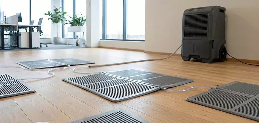 Targeted drying setup for wood flooring with drying mats and monitoring equipment.